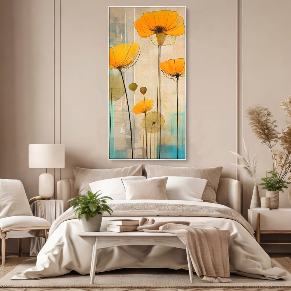 Tablou canvas cu pictura verticala cu flori galbene, in rama de aluminiu argintiu, pe perete intr-un dormitor
